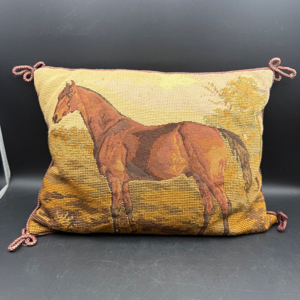 Vtg Handcrafted Needlepoint Horse Throw Pillow Brown Velvet Back Equestrian